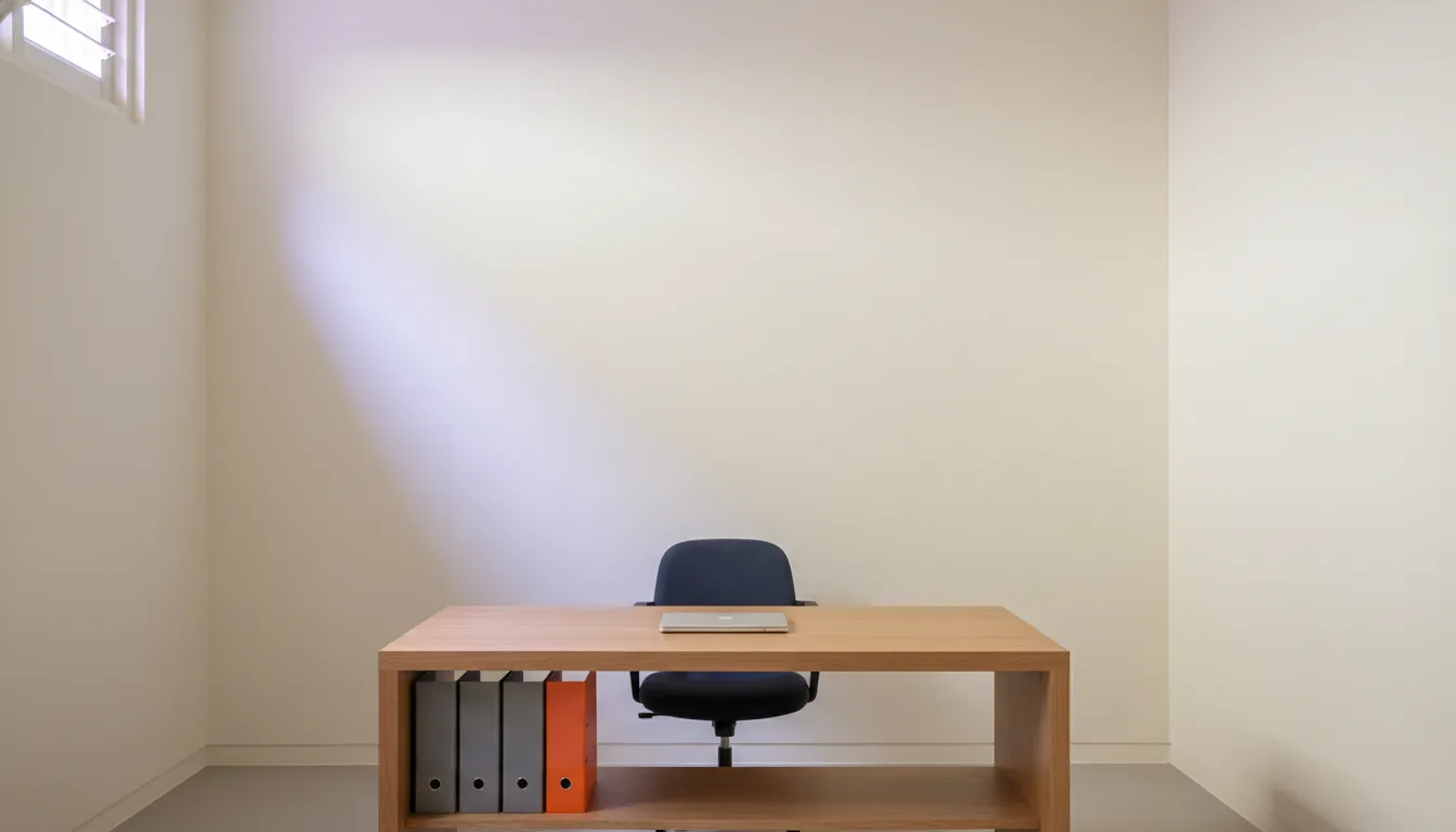 A quiet oak desk with a navy chair and one orange-spine binder — what your office looks like when payroll admin is no longer your job.